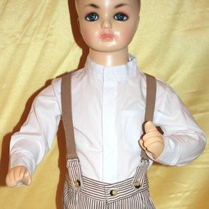 White and brown outfit with suspenders